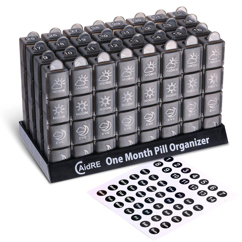 CAidRE Monthly Pill Organizer 4 Times A Day One Month Pill Organizer Monthly Pill Box Organizer with 32 Daily Compartments for Fish Oil Vitamins and Medications 31 Day Pill Case Black